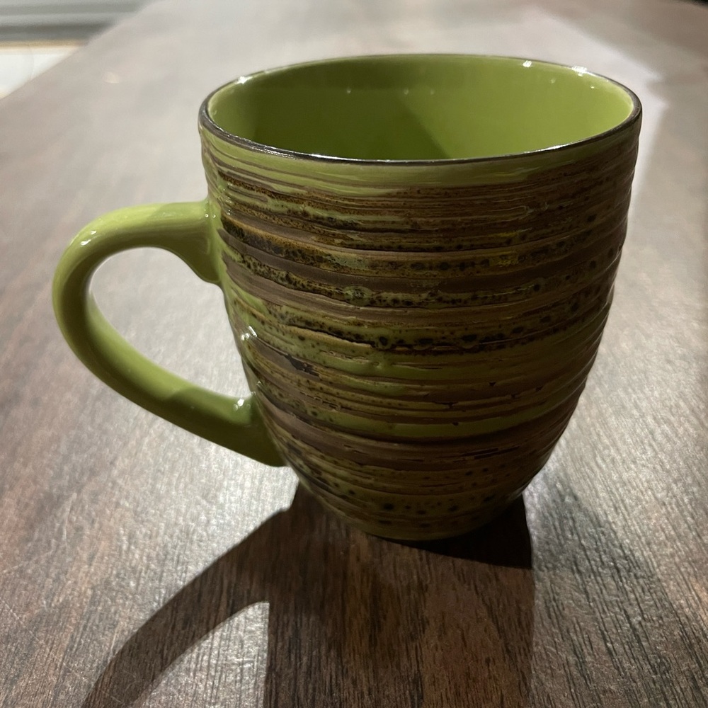 Thomson Pottery Banyan Bark Ribbed Lines, Green Brown Beige Coffee Mug RARE
